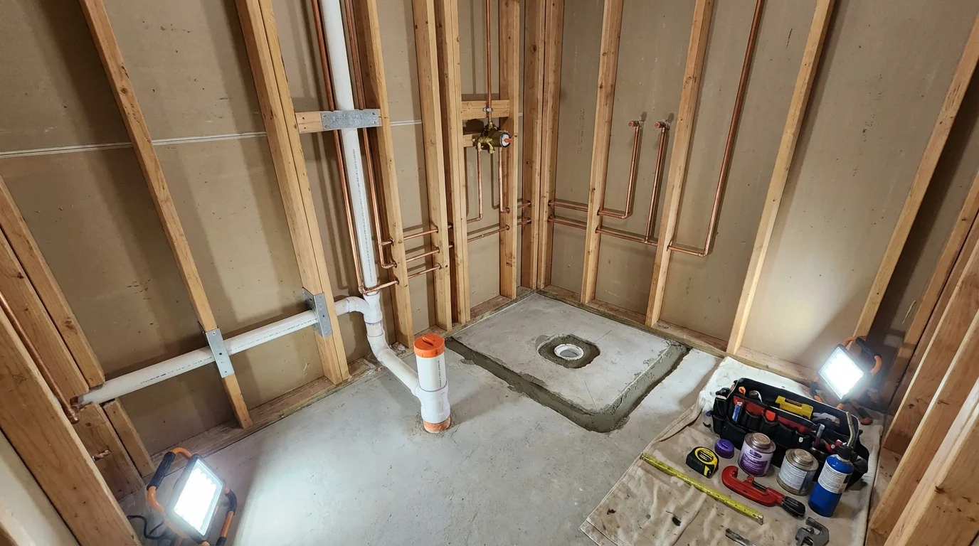 Bathroom rough-in plumbing during remodel by Johns Plumbing LLC in Pico Rivera