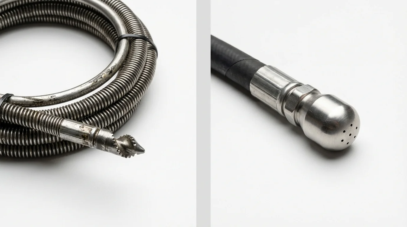 Drain snake cable and hydro jetting nozzle used for drain cleaning in Pico Rivera, CA