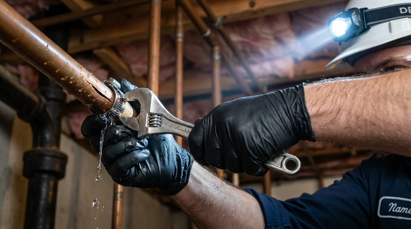 Emergency pipe clamp repair being performed by a Johns Plumbing LLC plumber in Pico Rivera